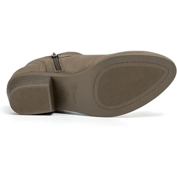 Women's Chunky Low Heel Ankle Boots Pointed Toe Side Zipper Booties Taupe Suede - Picture 5 of 7